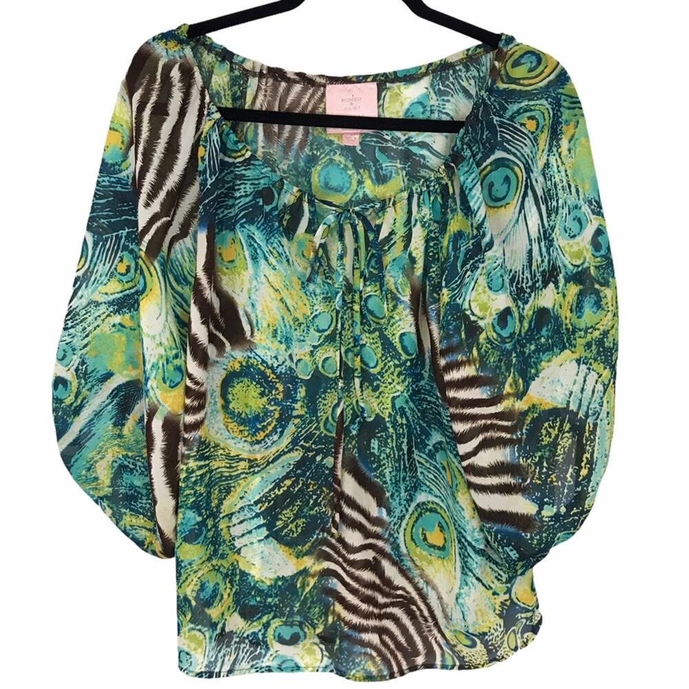 Romeo & Juliet Couture peacock zebra blouse puff balloon sleeves S
